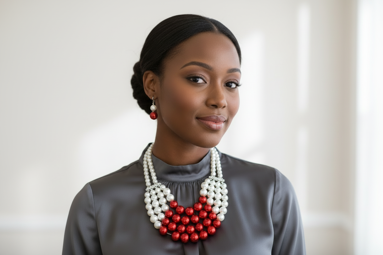 DST Chunky Red White Pearl Bib Necklace Set