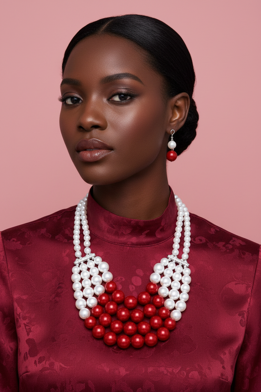 DST Chunky Red White Pearl Bib Necklace Set