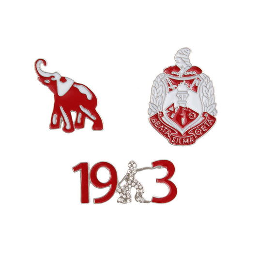Delta Sigma Theta Sorority Pin Set – Shield, Elephant & Founding Year Trio Brooches