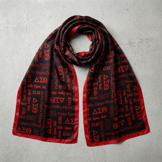 DST Long Black and Red Graphic Rectangle Scarf