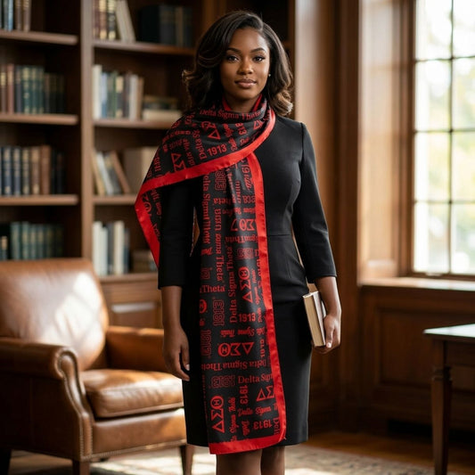 DST Long Black and Red Graphic Rectangle Scarf