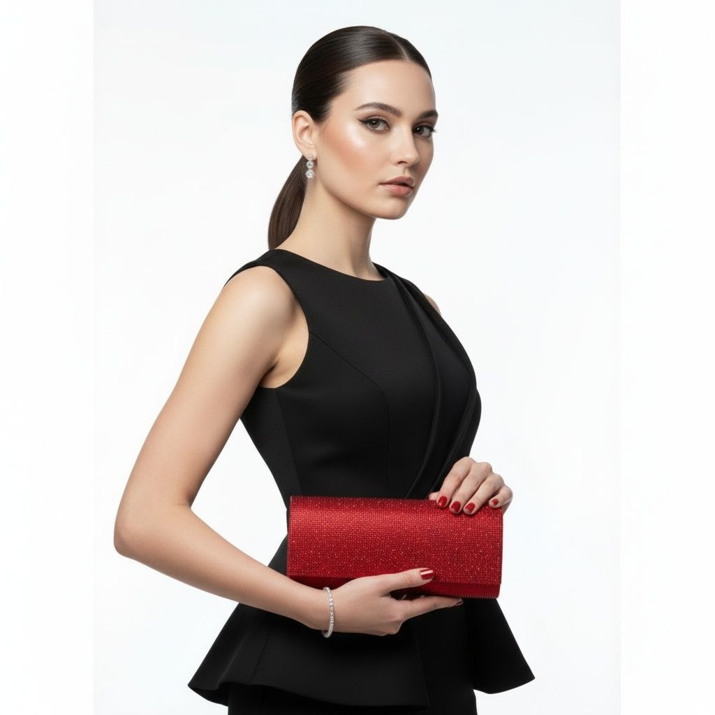 Clutch XLong Red Rhinestone Flap Evening Bag