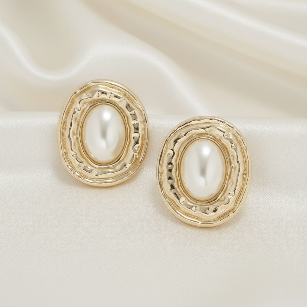 Clip On Organic Gold Oval Cream Pearl Earrings
