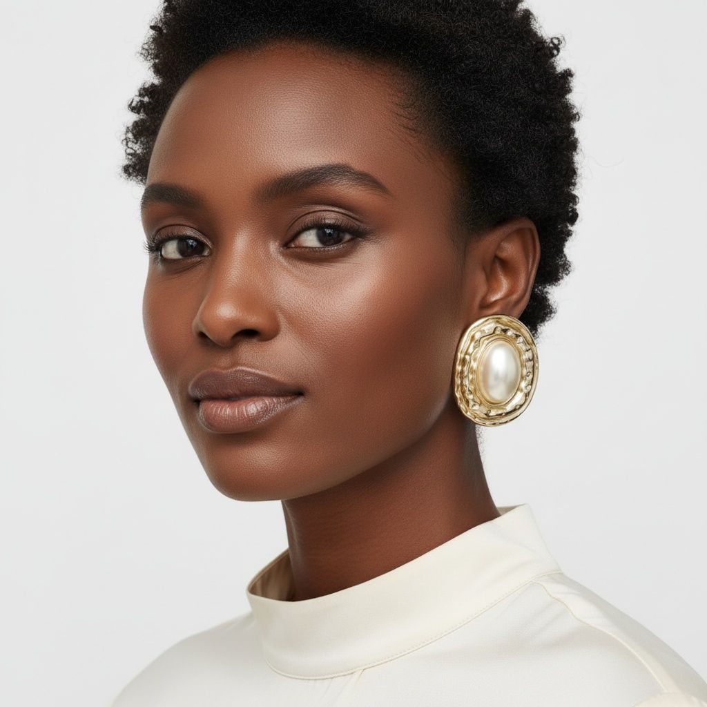 Clip On Organic Gold Oval Cream Pearl Earrings