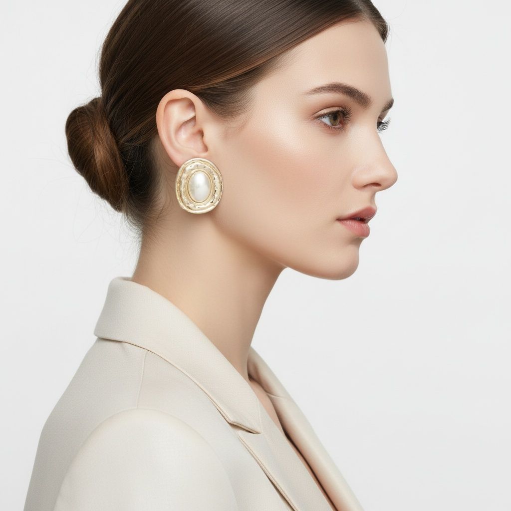 Clip On Organic Gold Oval Cream Pearl Earrings