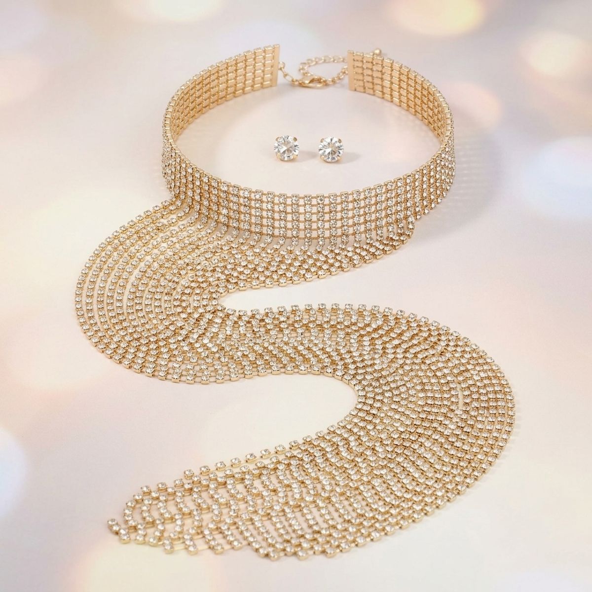 Long Gold Fringe Choker Necklace with Rhinestones