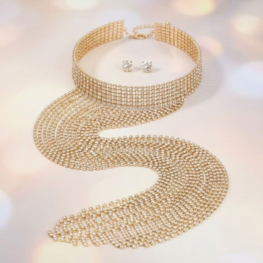 Long Gold Fringe Choker Necklace with Rhinestones
