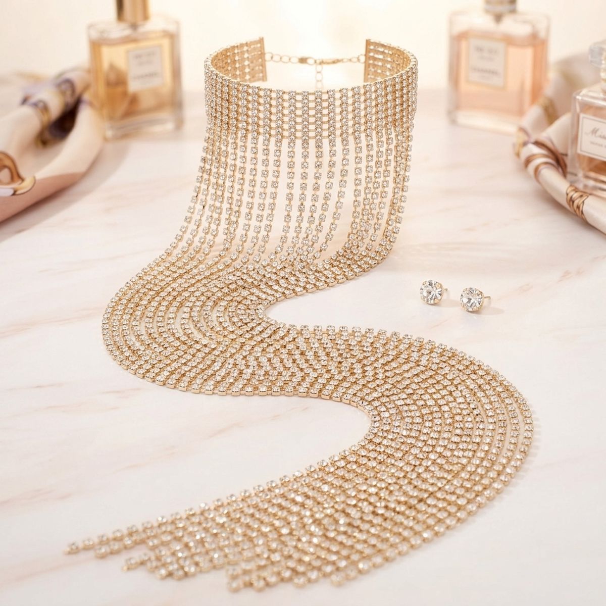 Long Gold Fringe Choker Necklace with Rhinestones