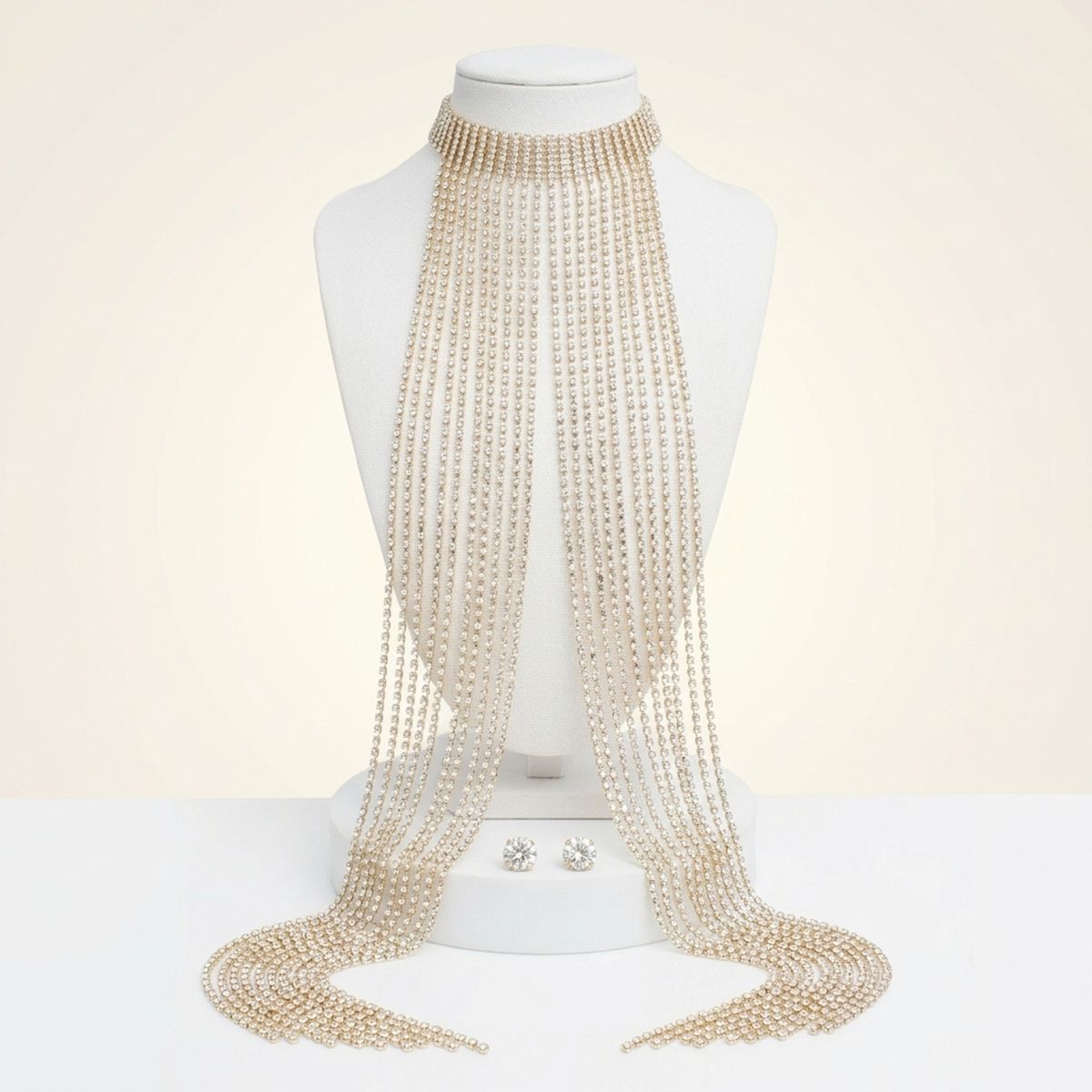 Long Gold Fringe Choker Necklace with Rhinestones