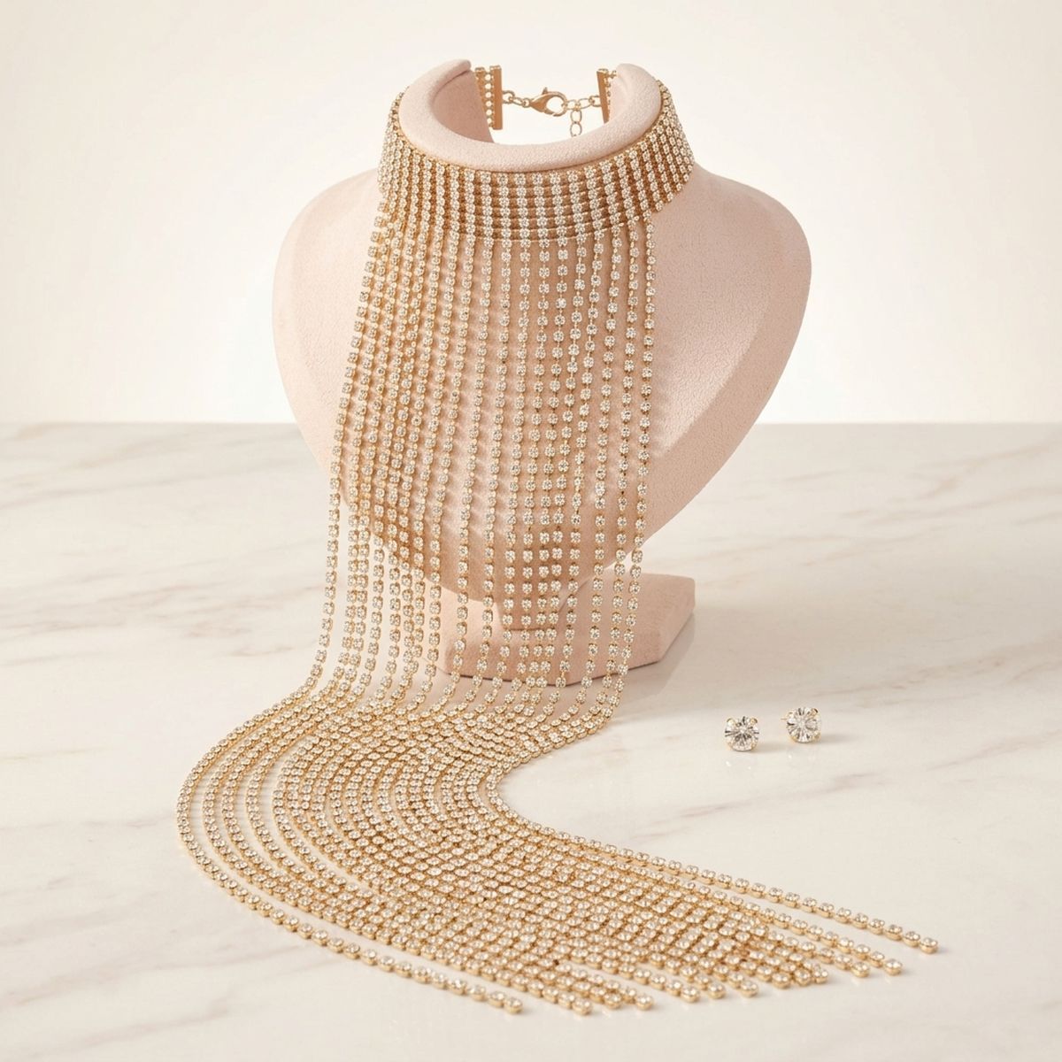 Long Gold Fringe Choker Necklace with Rhinestones