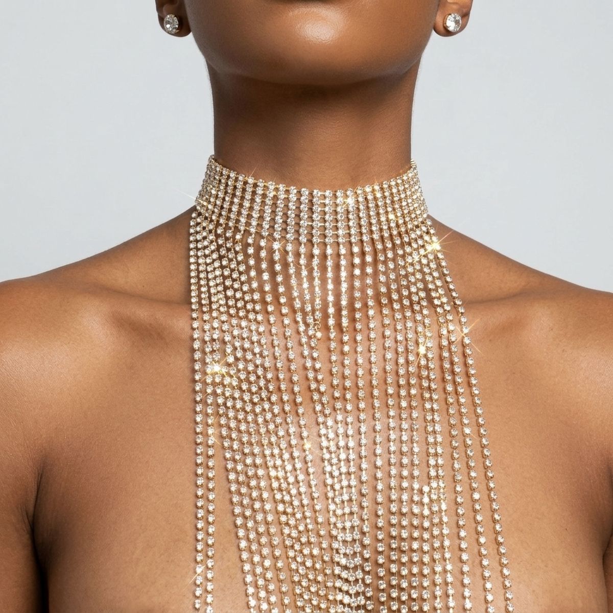 Long Gold Fringe Choker Necklace with Rhinestones