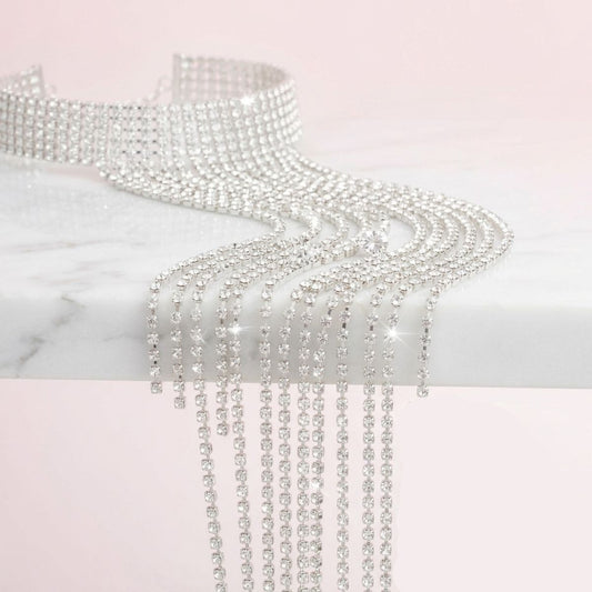 Long Silver Fringe Choker Necklace with Rhinestones