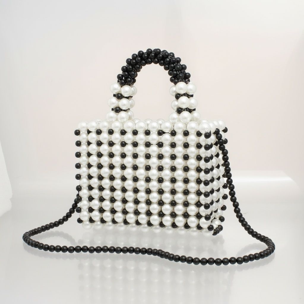 Top Handle Black White Pearl Woven Handmade Bag