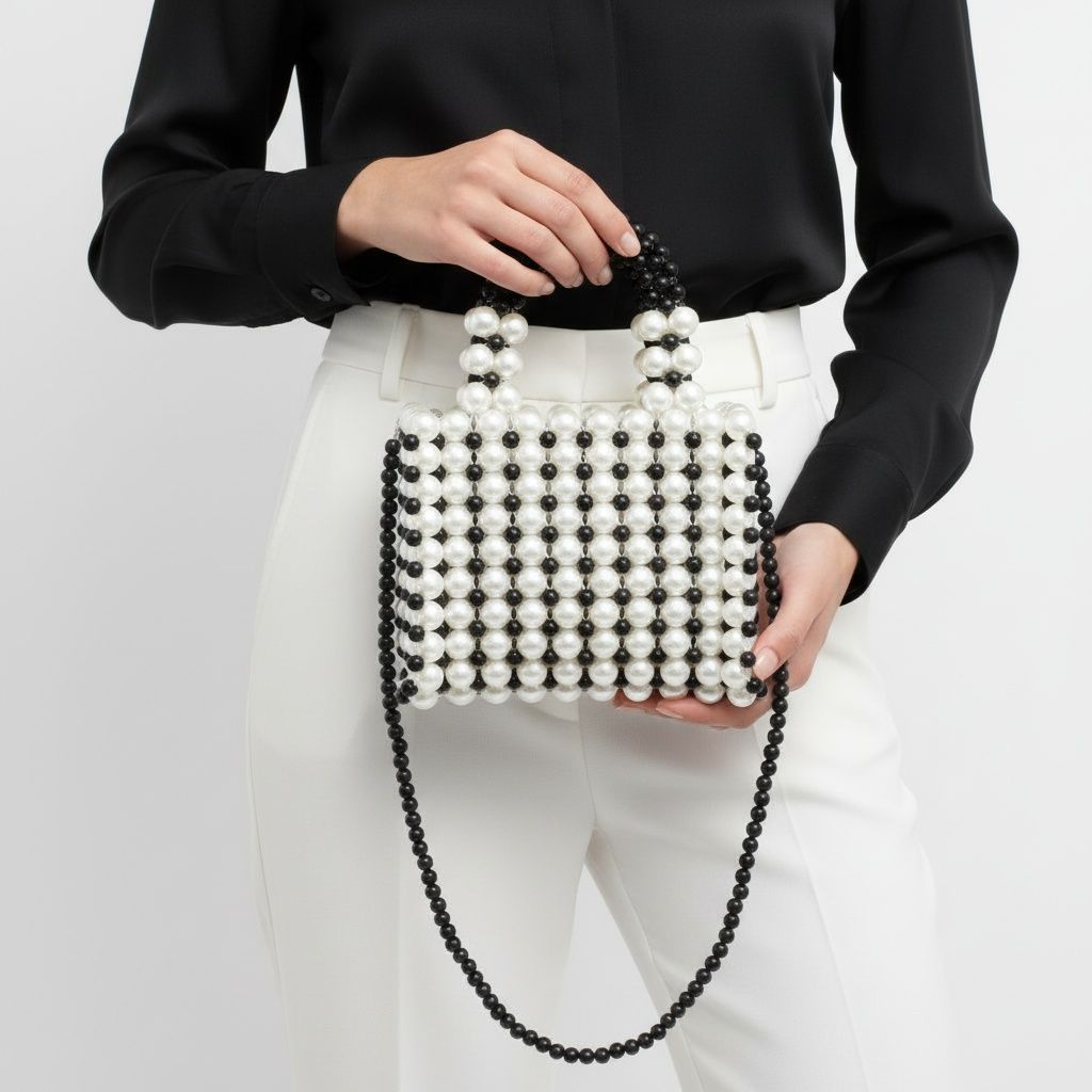 Top Handle Black White Pearl Woven Handmade Bag