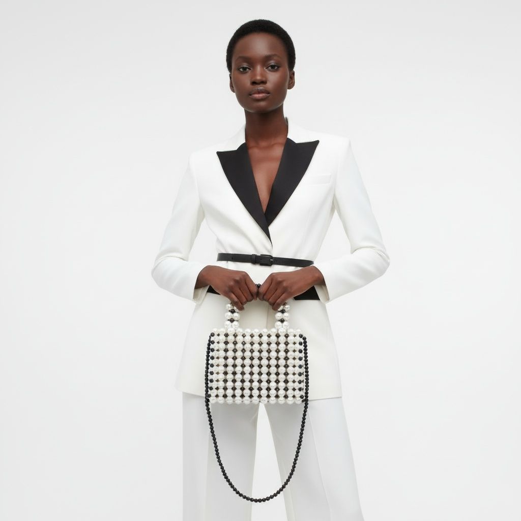 Top Handle Black White Pearl Woven Handmade Bag