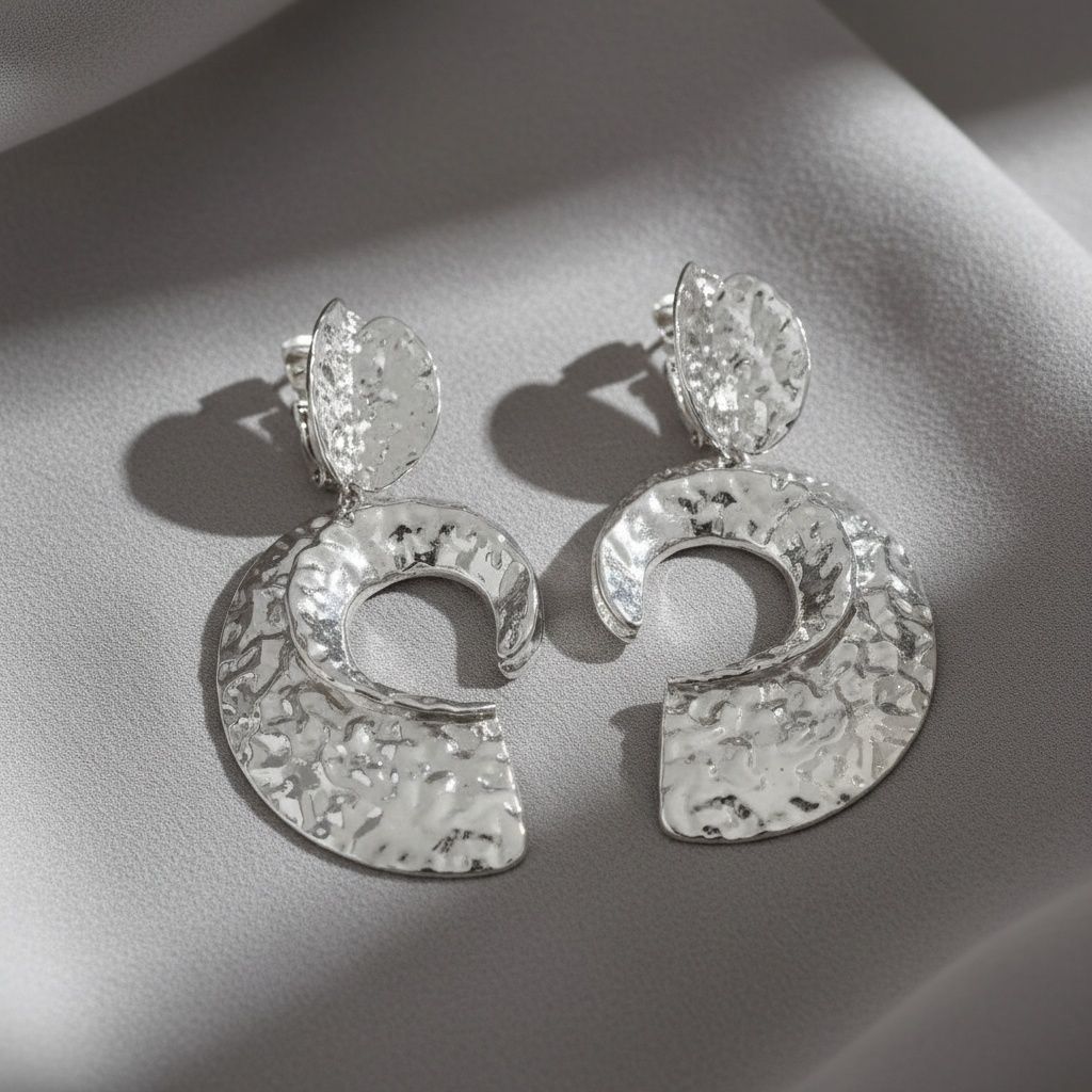 Clip On Silver Melted Metal Open C Large Earrings