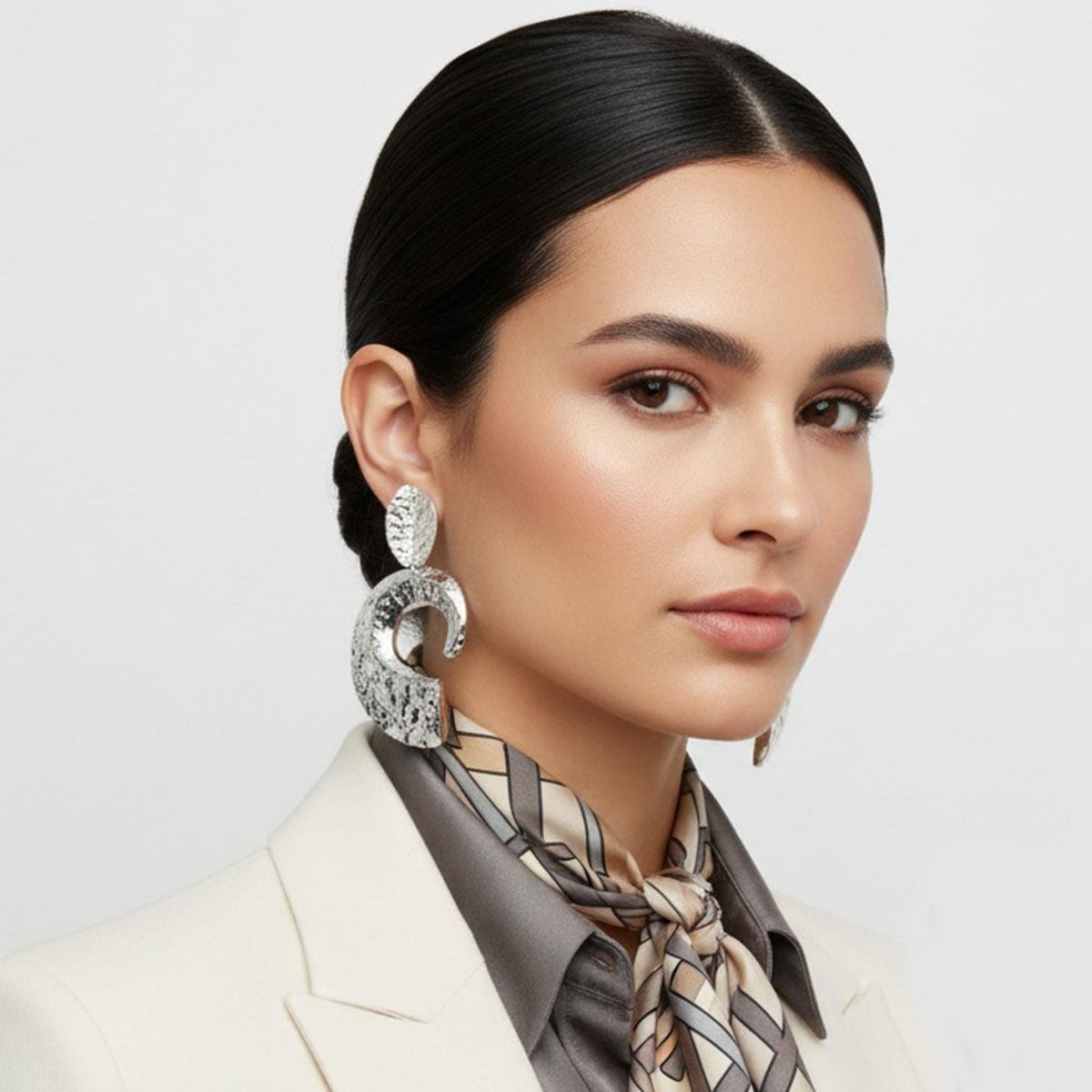 Clip On Silver Melted Metal Open C Large Earrings