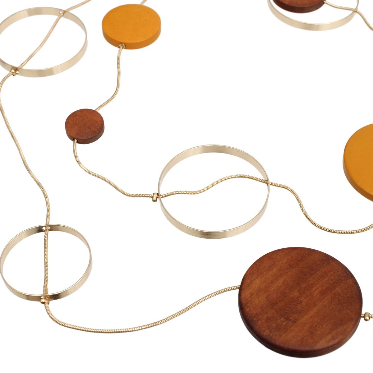 Long Brown Wood Disc Layered Gold Necklace