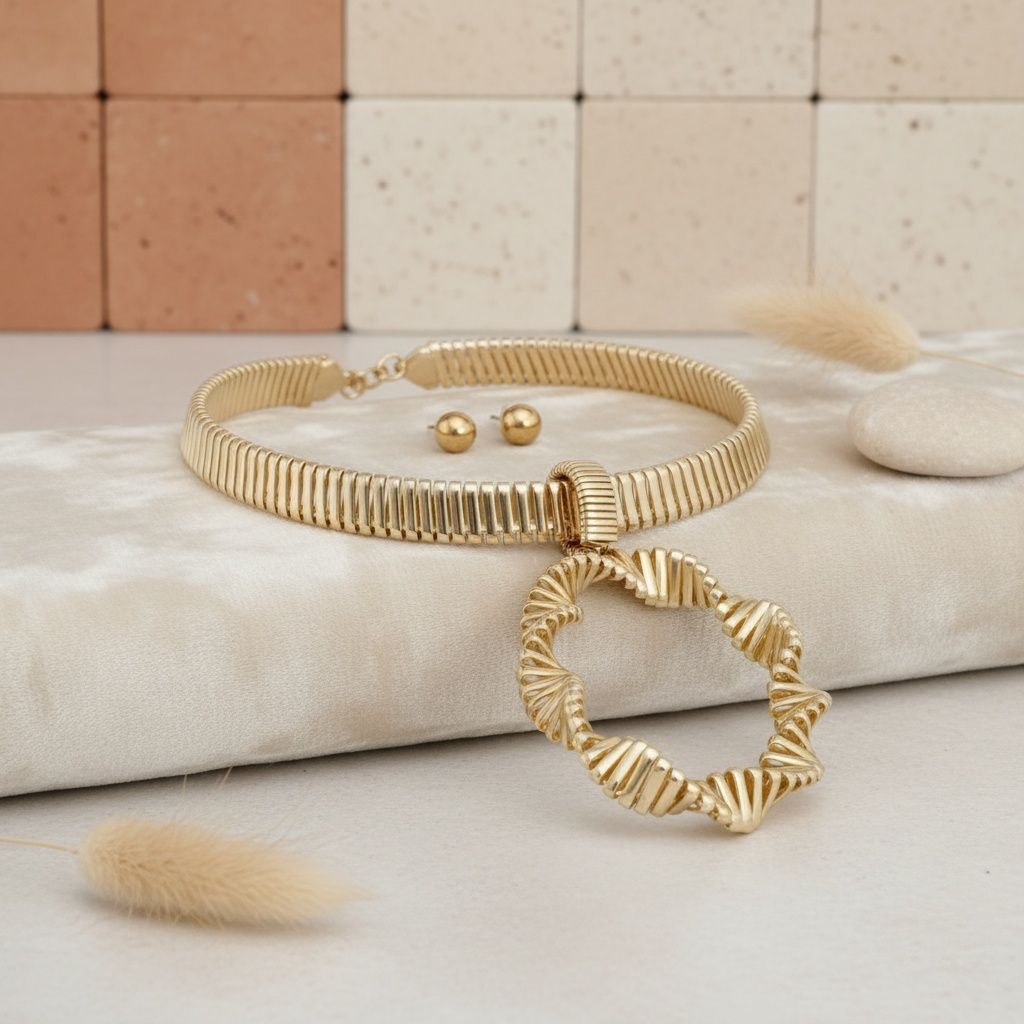 Choker Gold Ribbed Link Twisted Pendant Necklace