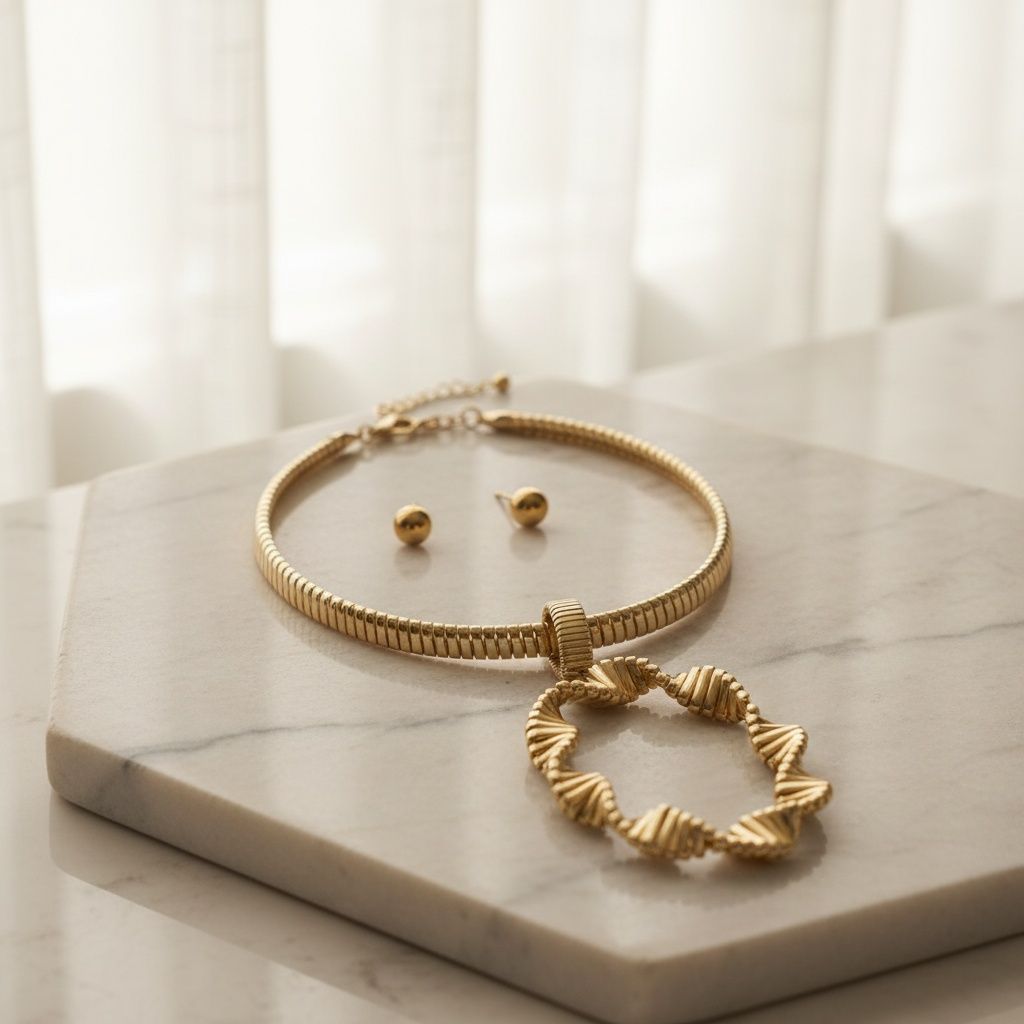 Choker Gold Ribbed Link Twisted Pendant Necklace