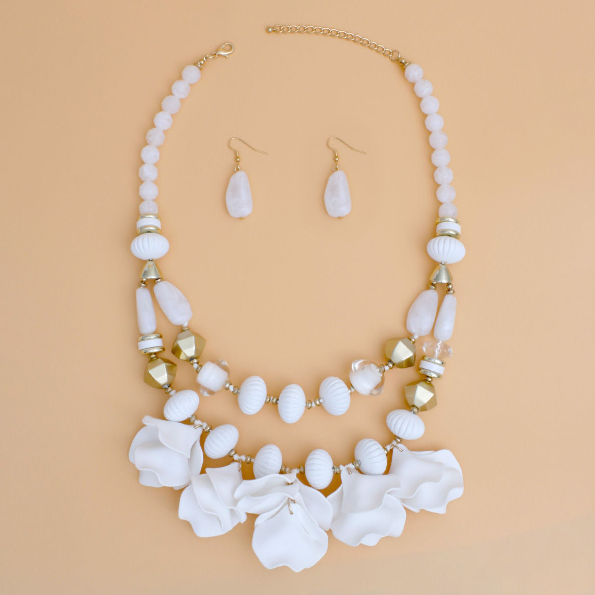 Beaded Necklace White Petals Layered Set Women