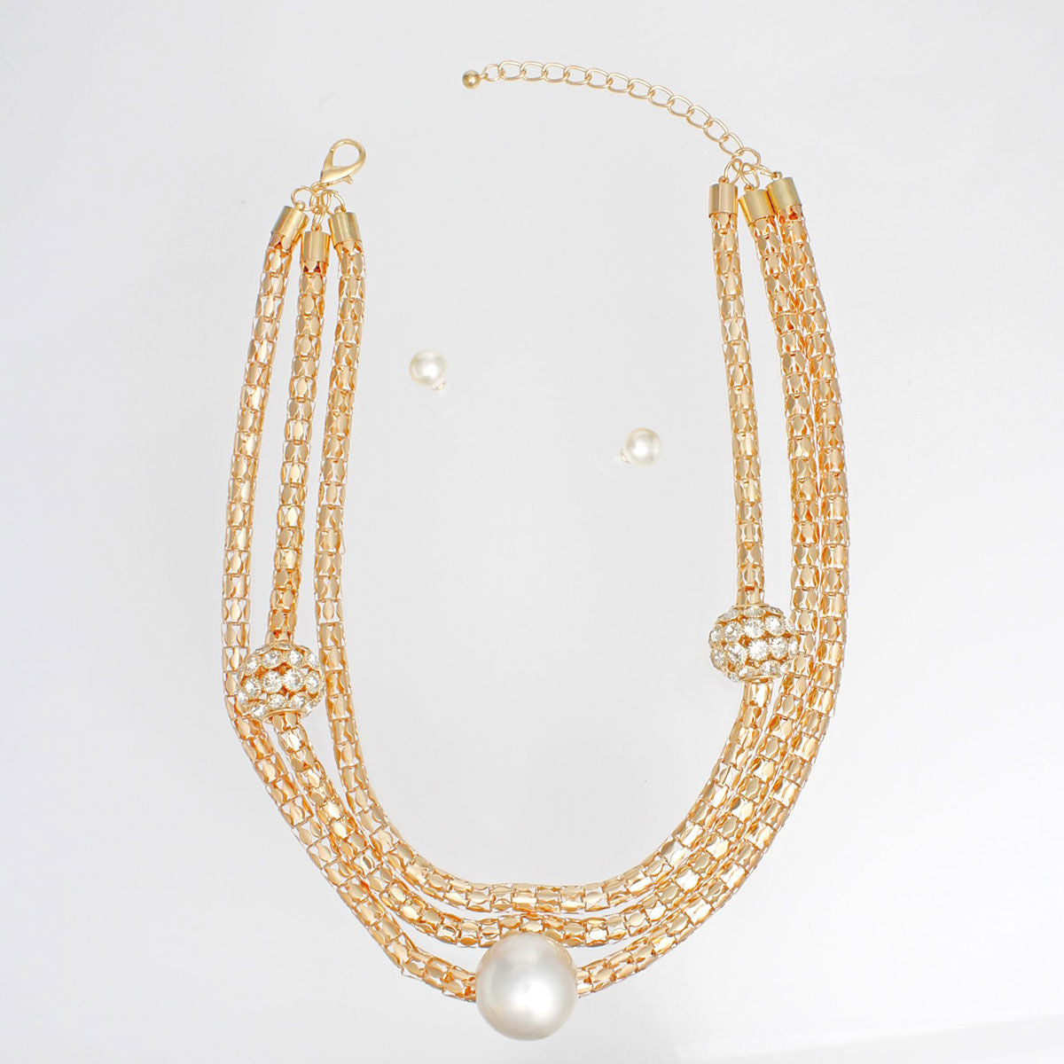 Layered Gold Mesh Snake Chain Ball Pearl Necklace