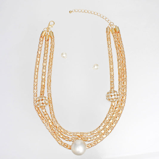 Layered Gold Mesh Snake Chain Ball Pearl Necklace