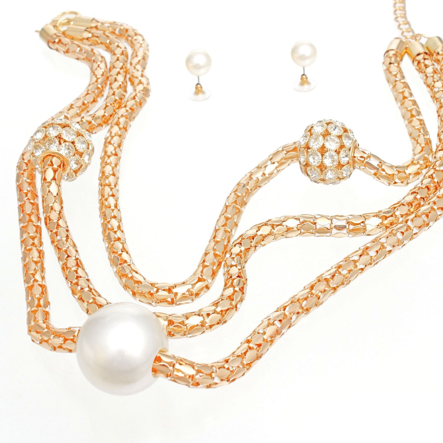 Layered Gold Mesh Snake Chain Ball Pearl Necklace