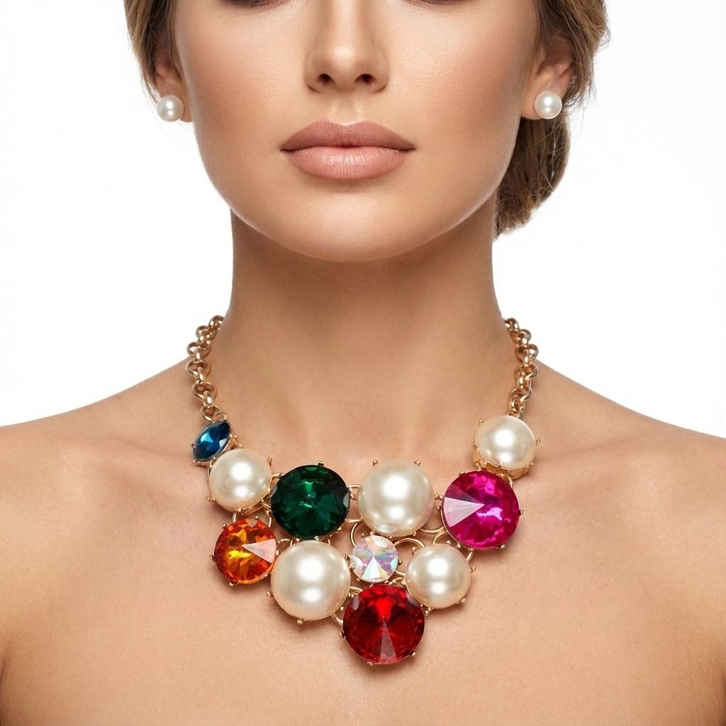 Bib Chunky Multi Crystal Pearl Evening Necklace