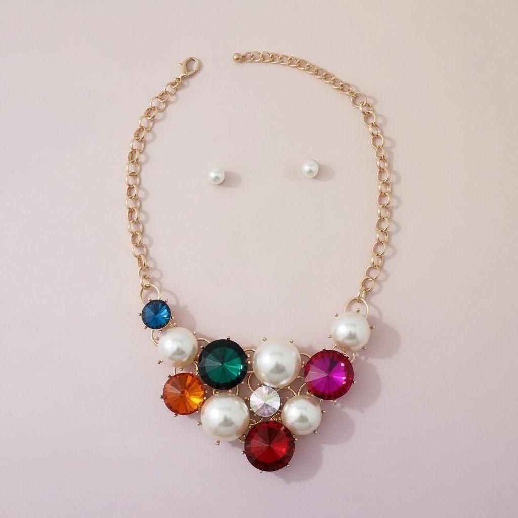 Bib Chunky Multi Crystal Pearl Evening Necklace
