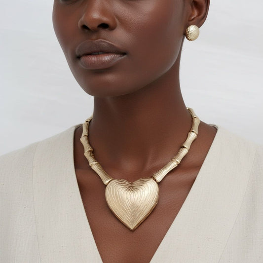 Pendant Matte Gold Bamboo Heart Modern Necklace