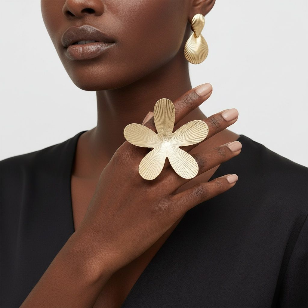 Cocktail Ring Large Gold Ribbed Petal Flower Ring