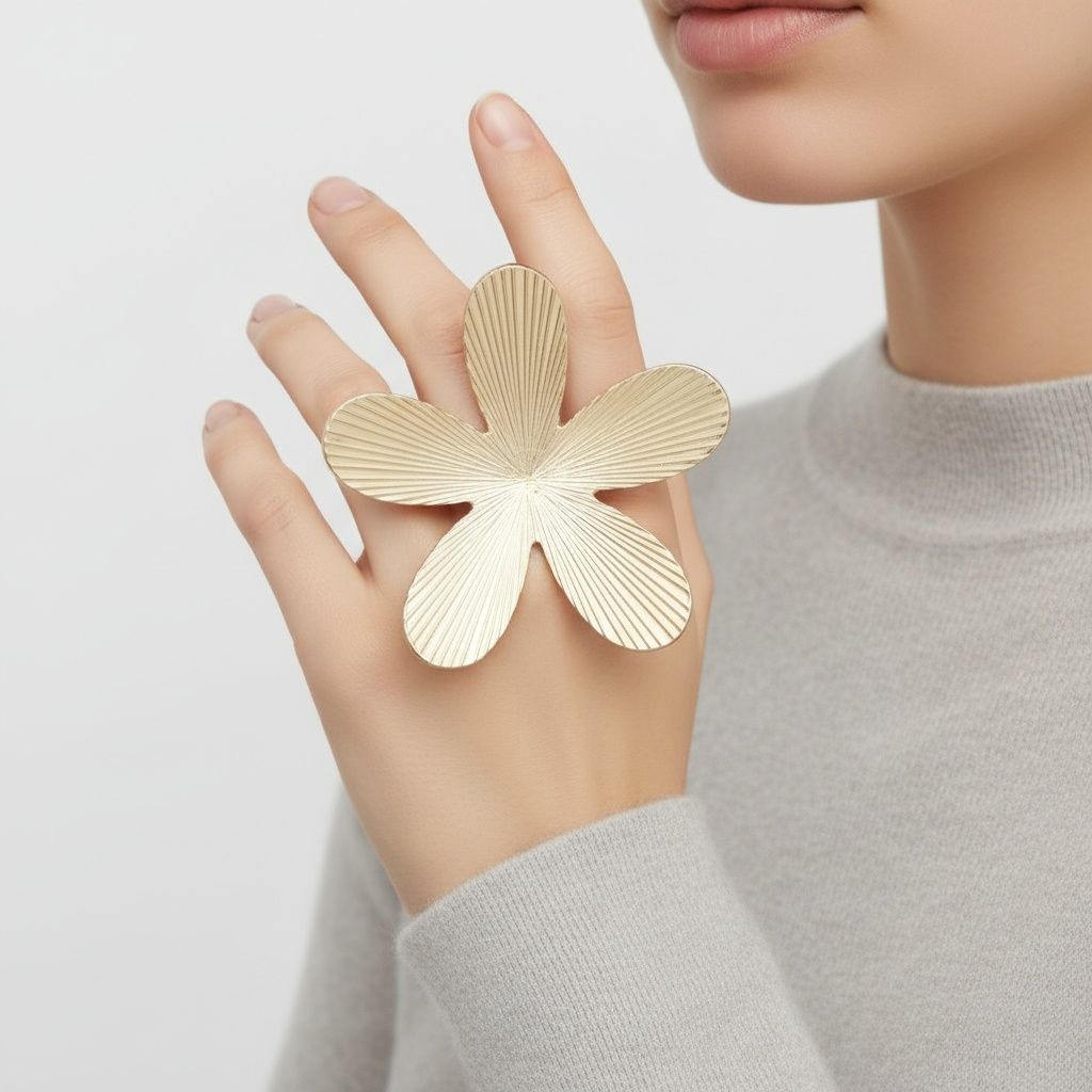 Cocktail Ring Large Gold Ribbed Petal Flower Ring