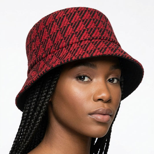 Red Geo Pattern Topstitch Bucket Hat