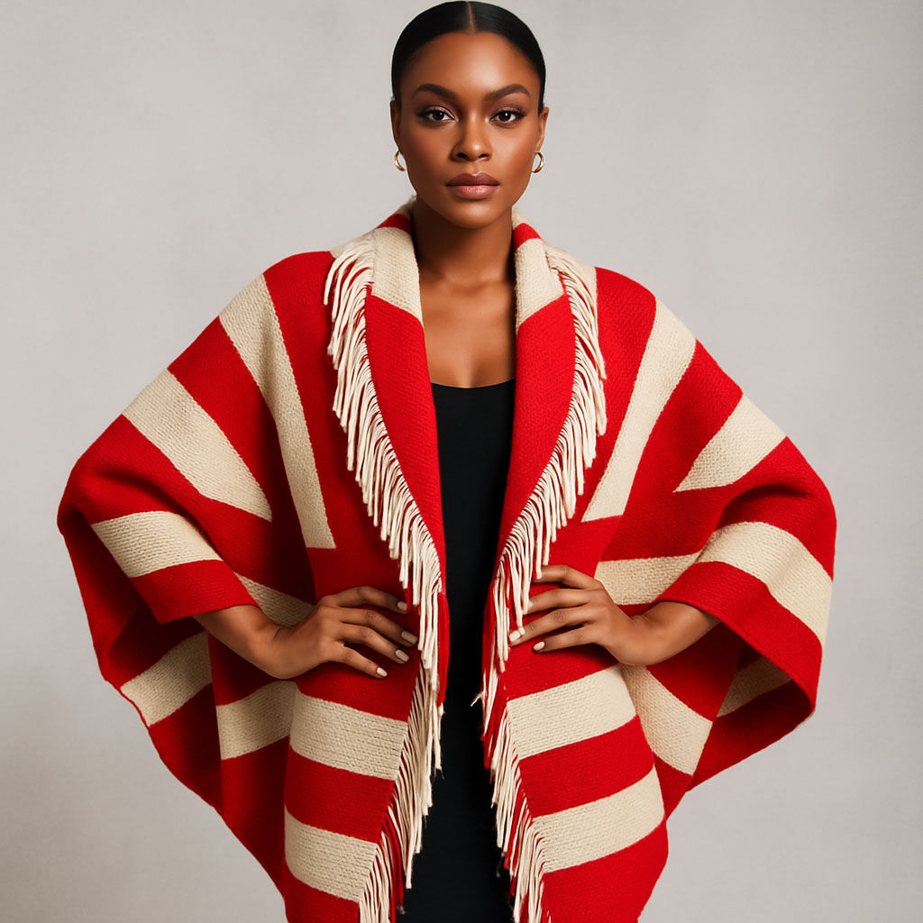 DST Red and Cream Stripe Fringe Cocoon Cardigan