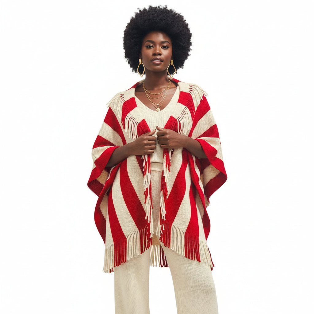 DST Red and Cream Stripe Fringe Cocoon Cardigan