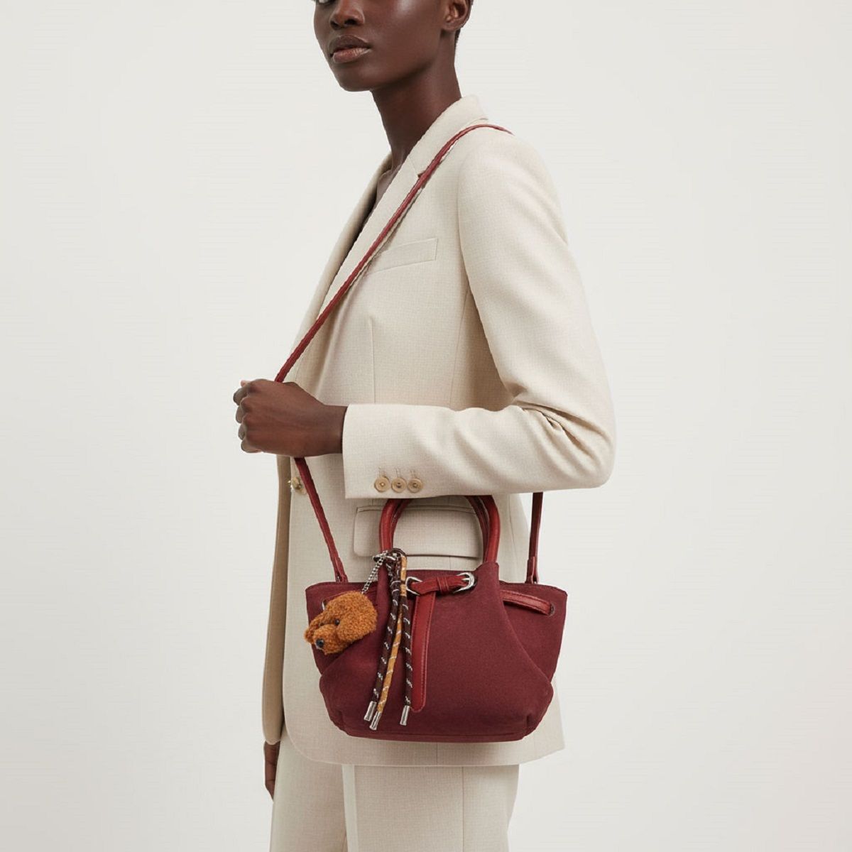 Top Handle Bag Burgundy Suede Dog Charm Purse