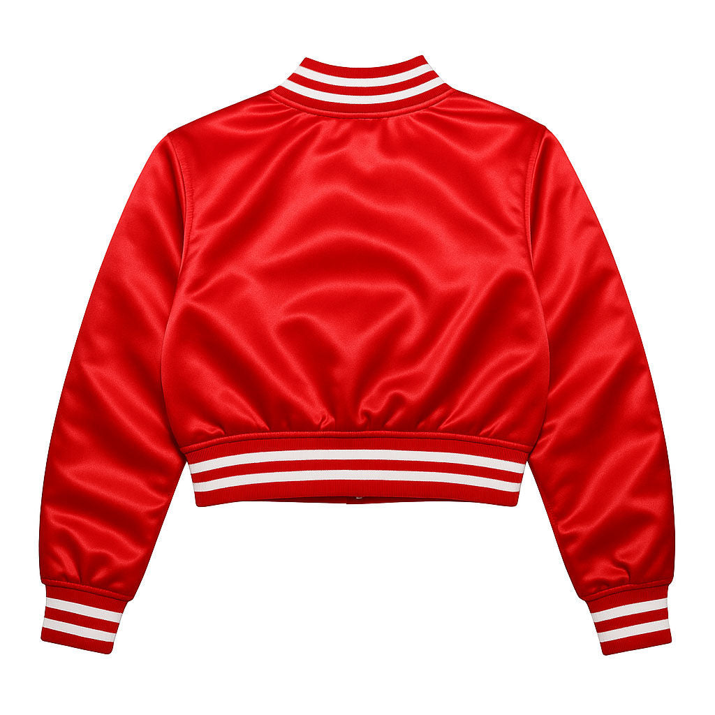 DST Greek Apparel L Cropped Satin Varsity Jacket