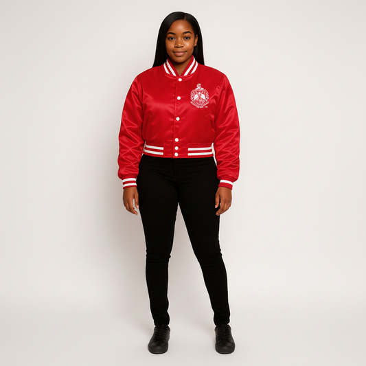 DST L Cropped Satin Varsity Jacket