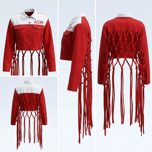 DST Apparel Medium Red White Denim Fringe Jacket
