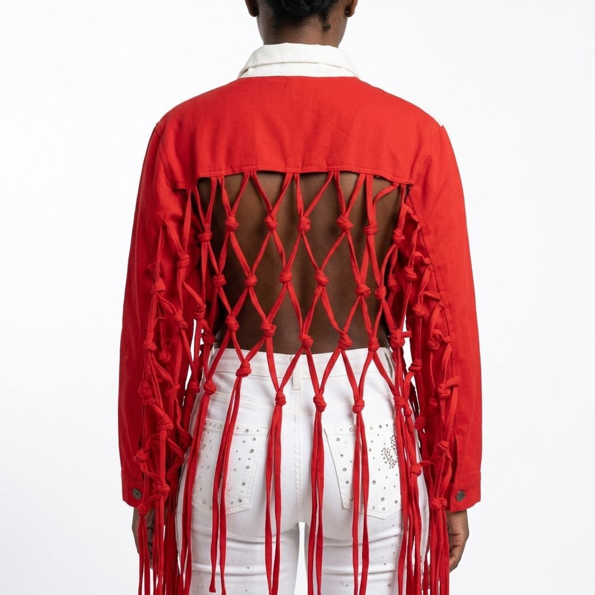 DST Apparel Medium Red White Denim Fringe Jacket
