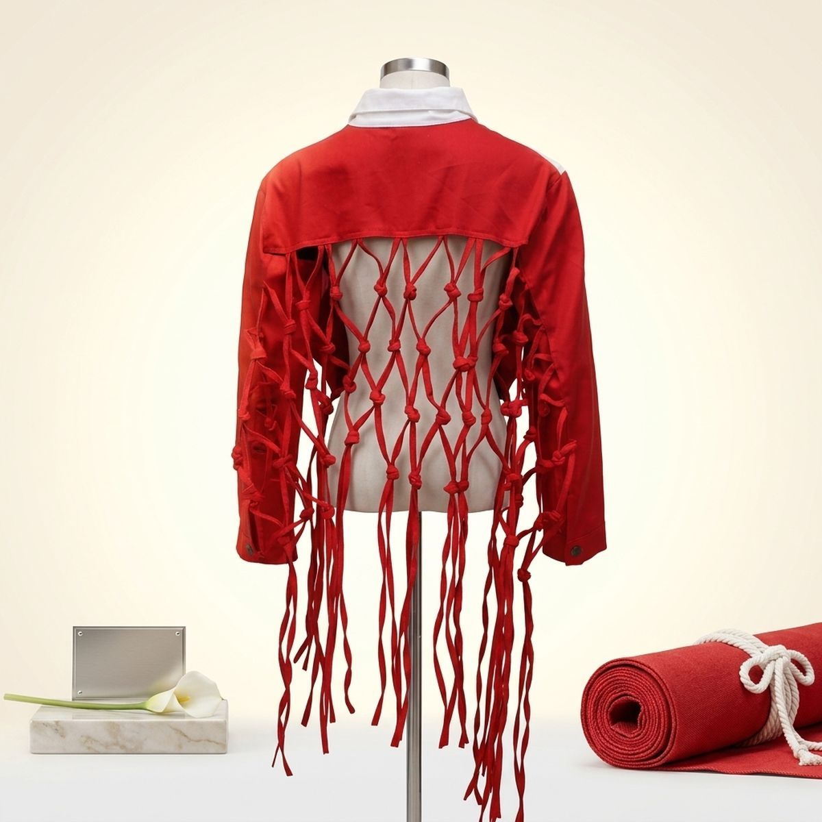 DST Apparel Medium Red White Denim Fringe Jacket