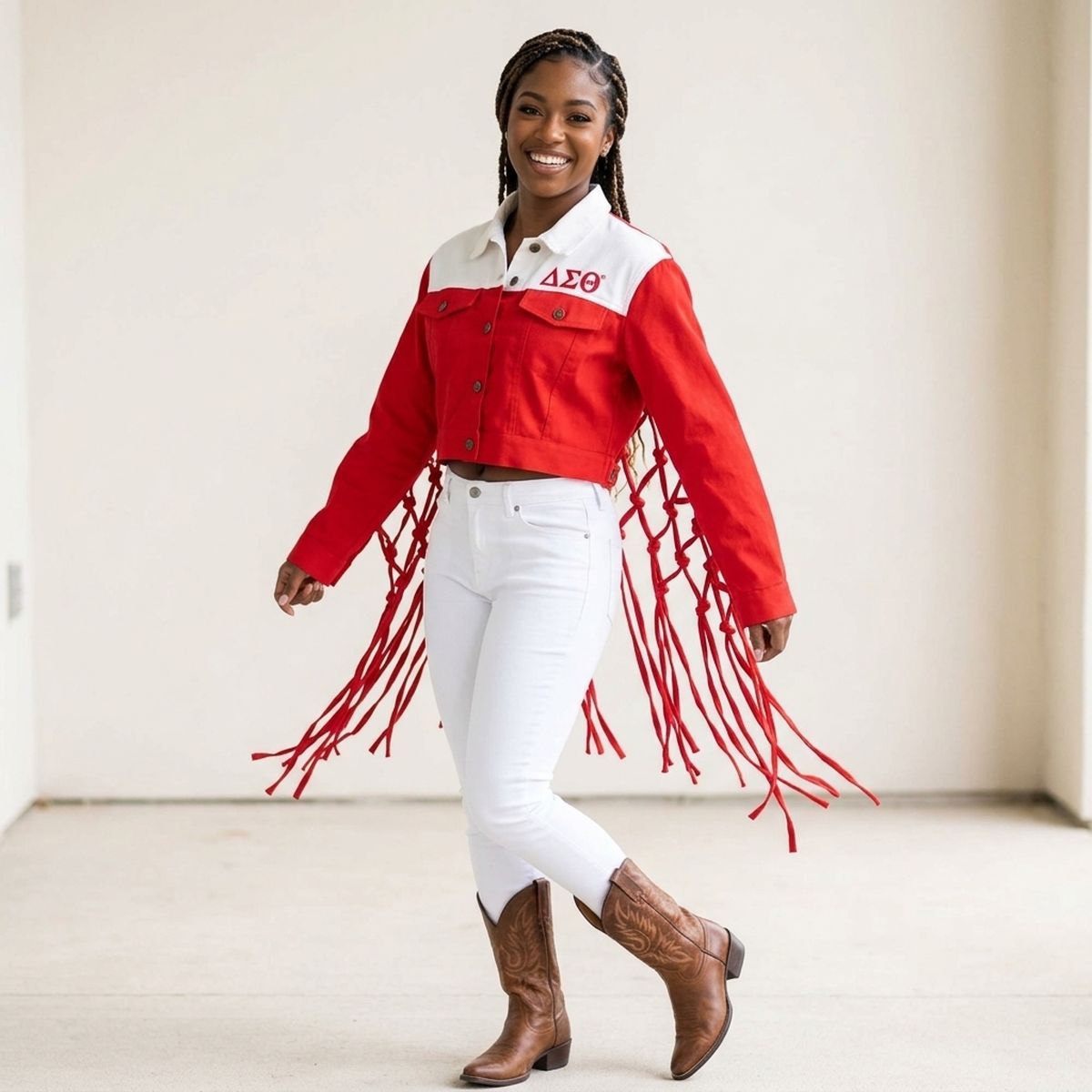 DST Apparel Small Red White Denim Fringe Jacket