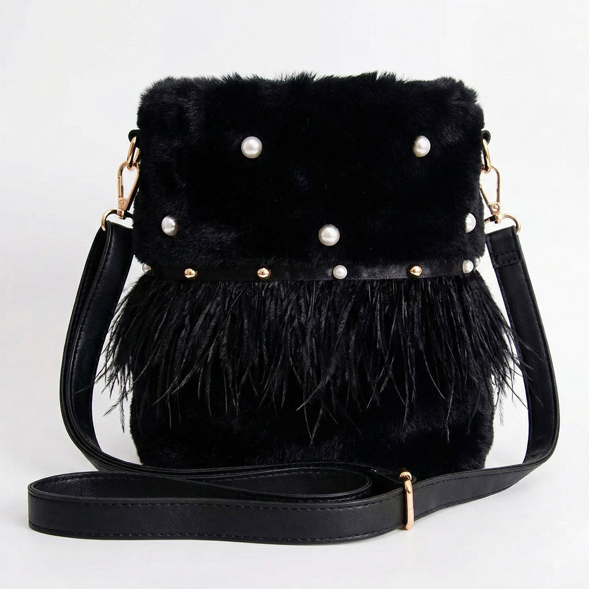 Black Fur Pearl Stud Bucket Bag