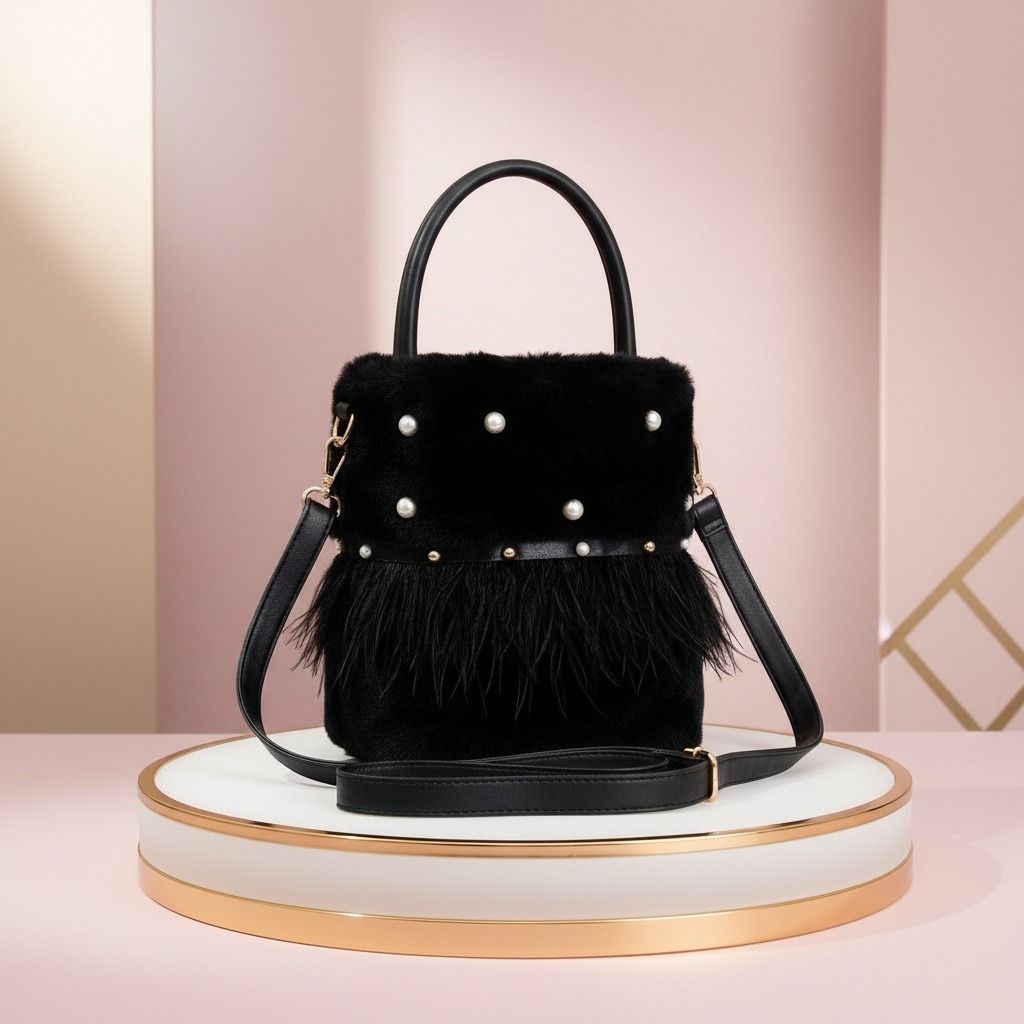 Black Fur Pearl Stud Bucket Bag