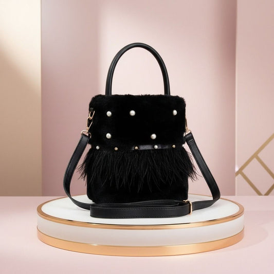 Black Fur Pearl Stud Bucket Bag