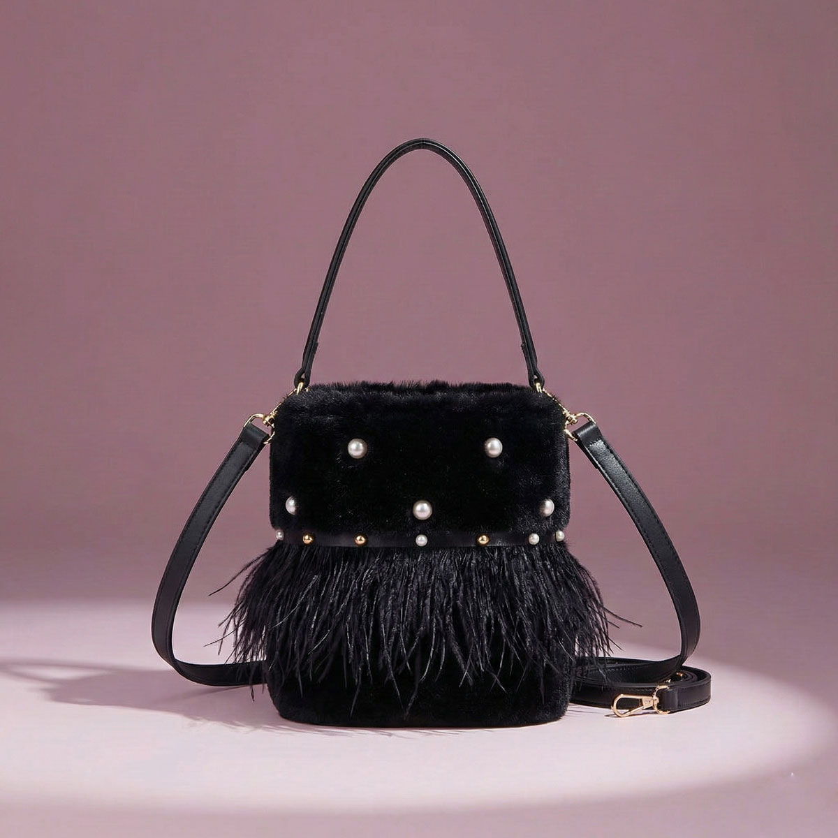Black Fur Pearl Stud Bucket Bag