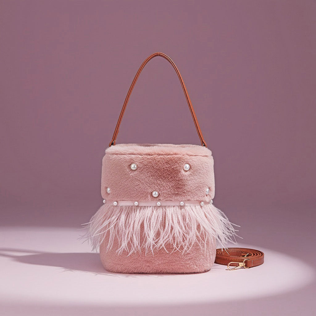 Mauve Fur Pearl Stud Bucket Bag