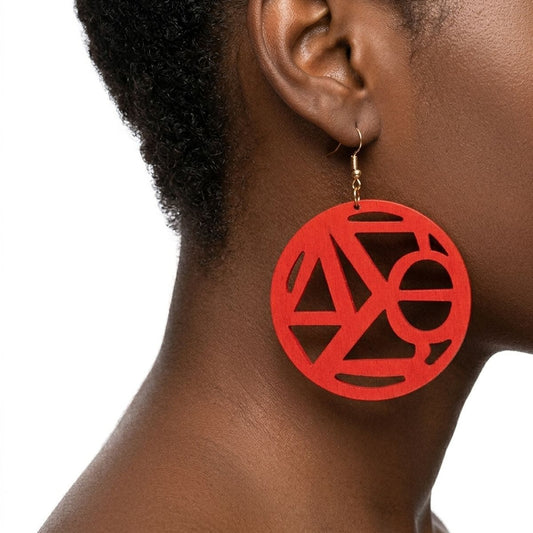 DST Round Red Wood Greek Letter Fish Hook Earrings