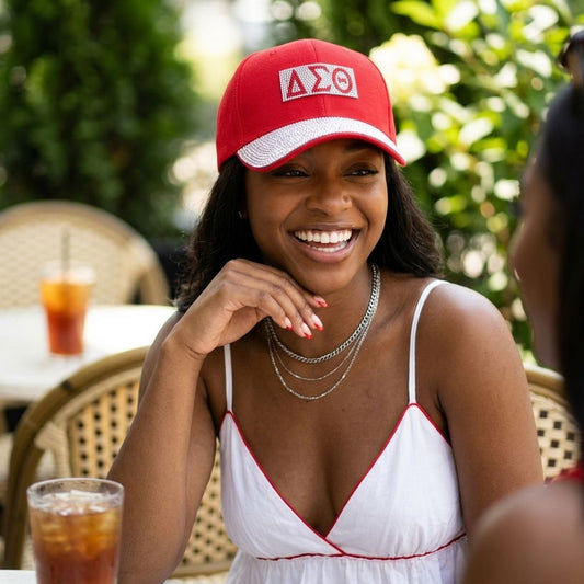 DST Red Canvas Greek Rhinestone Baseball Hat